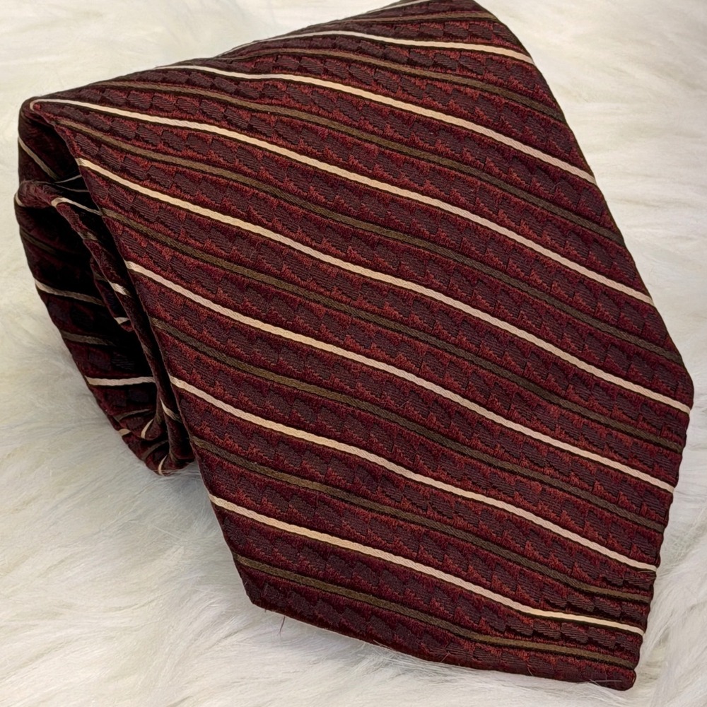 Pronto Uomo Mens Burgundy Silk Striped Basketweave Woven Necktie